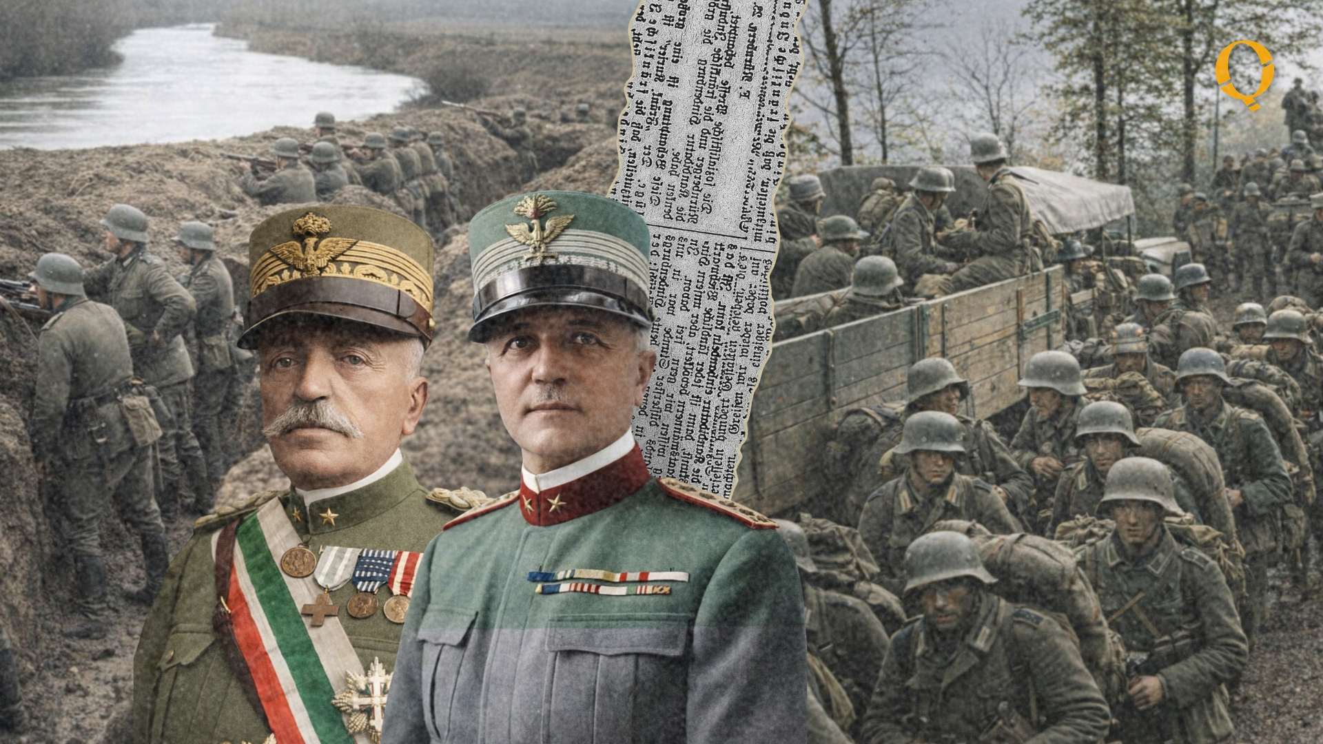 Battaglia di Caporetto: i generali italiani Luigi Cadorna e Pietro Badoglio ritratti in primo piano con le loro uniformi militari della Prima Guerra Mondiale, sullo sfondo soldati austro-tedeschi nelle trincee durante la disfatta italiana dell'ottobre 1917.