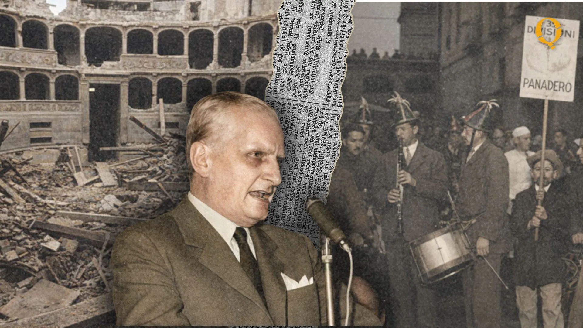 Immagine copertina dell'articolo La Rivolta di Cosenza: origini, eventi e conseguenze. L'immagine è divisa a metà. A destra abbiamo i manifestanti, a Sinistra l'immagine di un teatro distrutto di Cosenza. Al centro troviamo il prefetto Fausto Gullo, uno dei protagonisti dell'articolo.