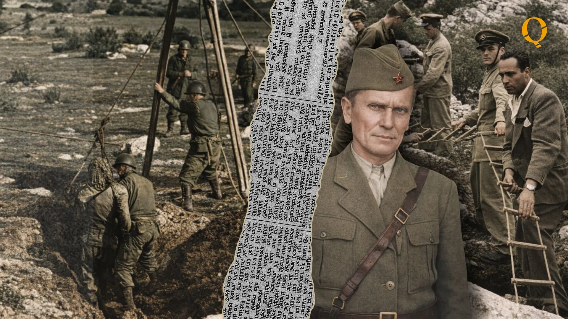 Recupero dei corpi dalle foibe del 1943 in Istria: soldati al lavoro su una foiba durante la Seconda Guerra Mondiale. In primo piano a destra vediamo il generale Tito.