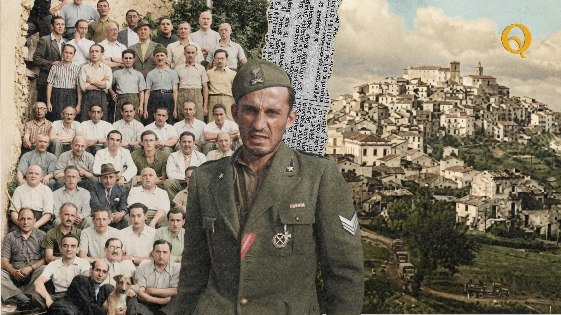 Un collage fotografico storico a colori incentrato sul campo Casoli. Sulla sinistra, un fitto gruppo di decine di uomini in abiti civili dell'epoca, sono internati del campo di Casoli. Al centro, in primo piano, spicca la figura a mezzo busto di un militare italiano in divisa verde con mostrine, medaglie e un cappello con fregio, che guarda verso l'osservatore con un'espressione intensa. Sullo sfondo a destra, si estende una veduta panoramica del borgo collinare di Casoli con le sue case bianche arroccate, mentre un frammento di un vecchio giornale d'epoca con testo capovolto separa visivamente i due lati dell'immagine. In alto a destra è presente il logo "Q" dorato, logo de "LeQuestioni.it"