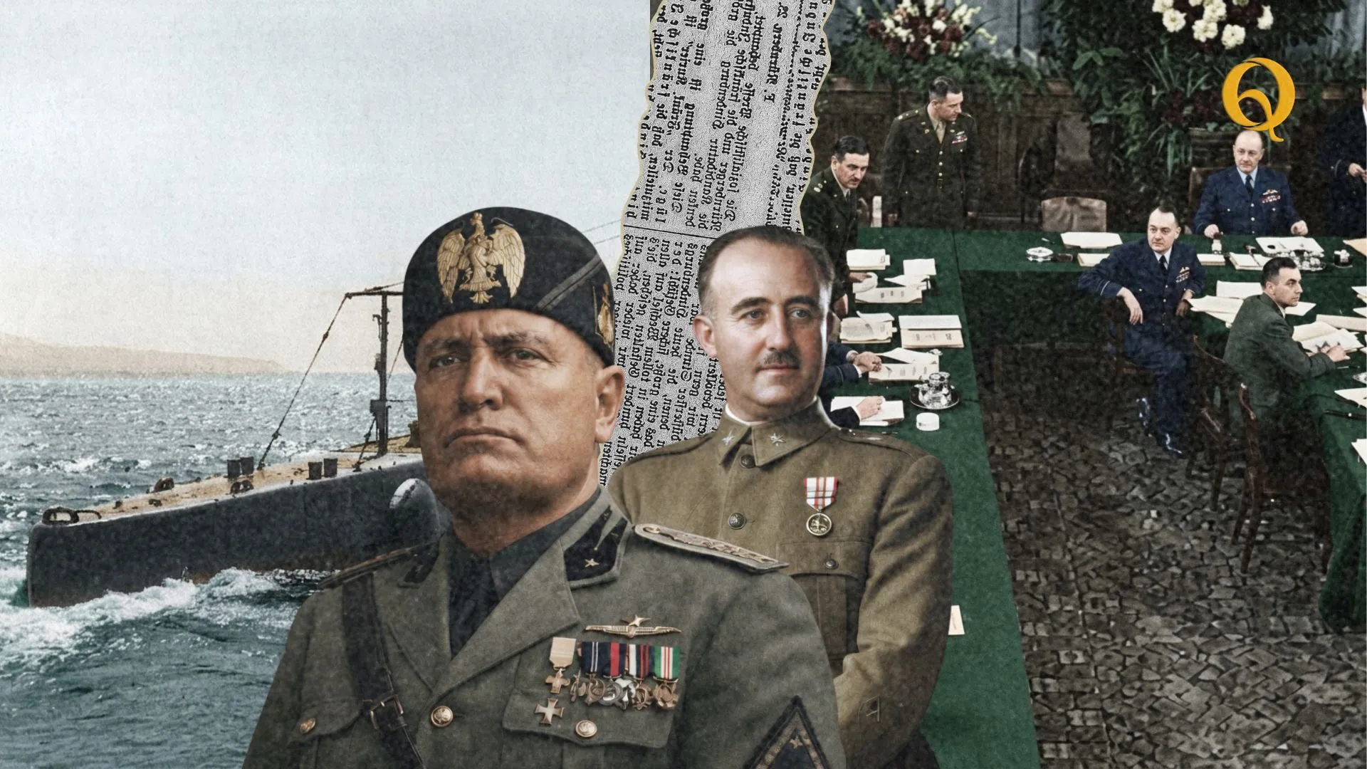 Conferenza di Nyon 1937: collage storico con Mussolini, Franco, un sottomarino nel Mediterraneo e una sala diplomatica europea sullo sfondo.