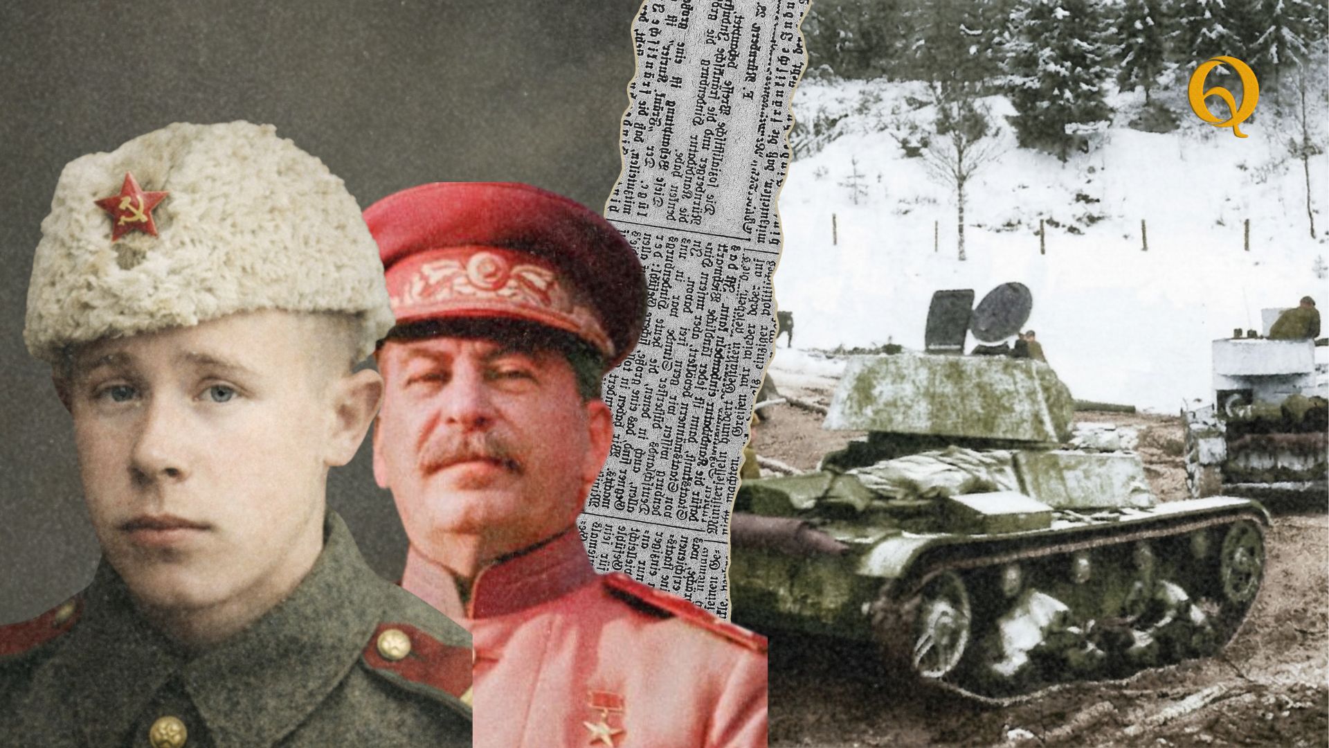 Copertina dell'articolo sulla Guerra d'Inverno: collage storico con un giovane soldato sovietico, Stalin in uniforme rossa e carri armati dell'Armata Rossa in un paesaggio innevato, sullo sfondo ritagli di giornali d'epoca in tedesco.