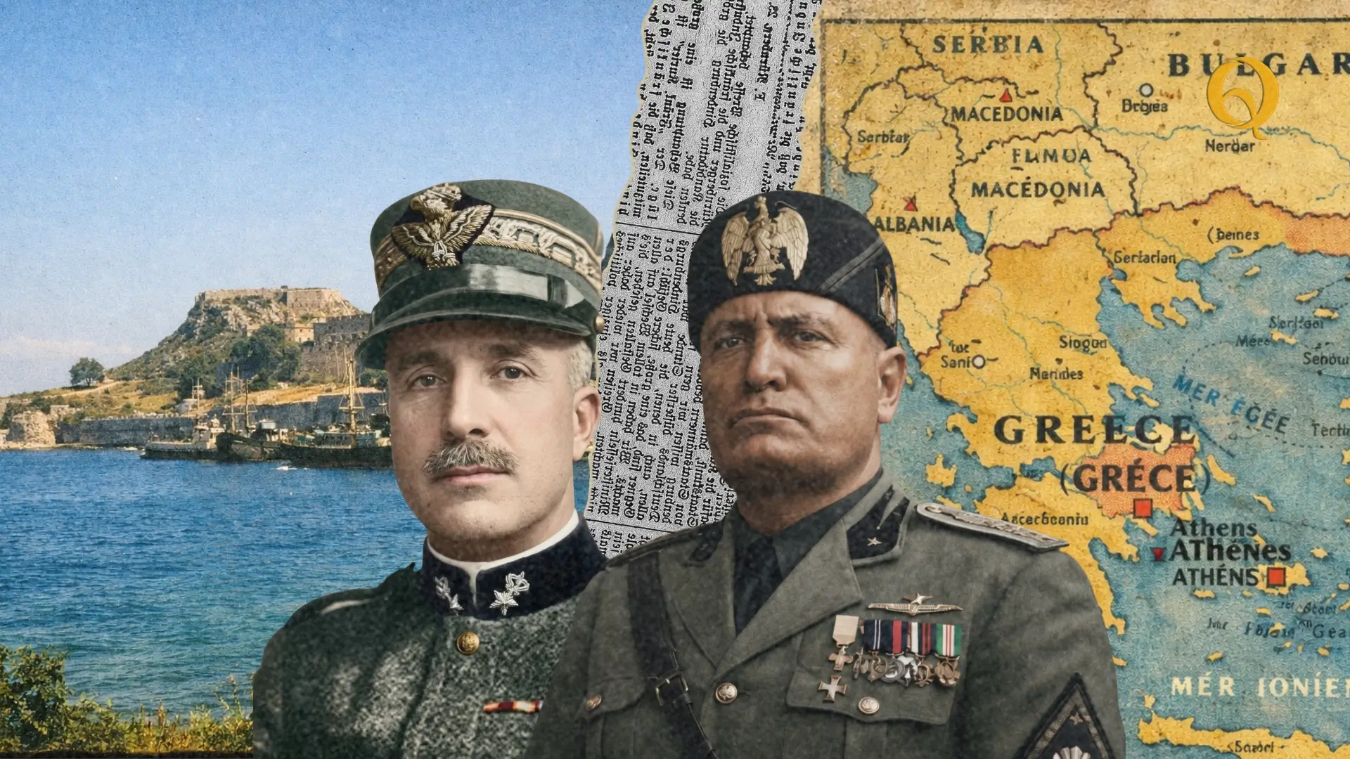 Immagine storica relativa alla Crisi di Corfù: a sinistra il generale Enrico Tellini, a destra Benito Mussolini, con sullo sfondo una mappa dell'area greca e una costa mediterranea."